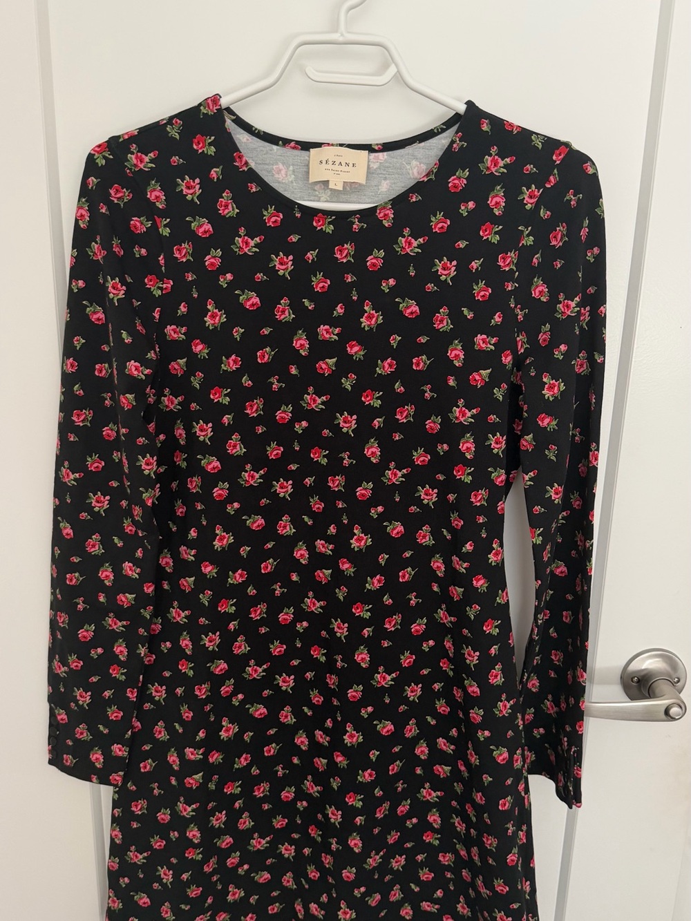 Sezane Black Long Sleeve Floral Dress with Pink Rose Print